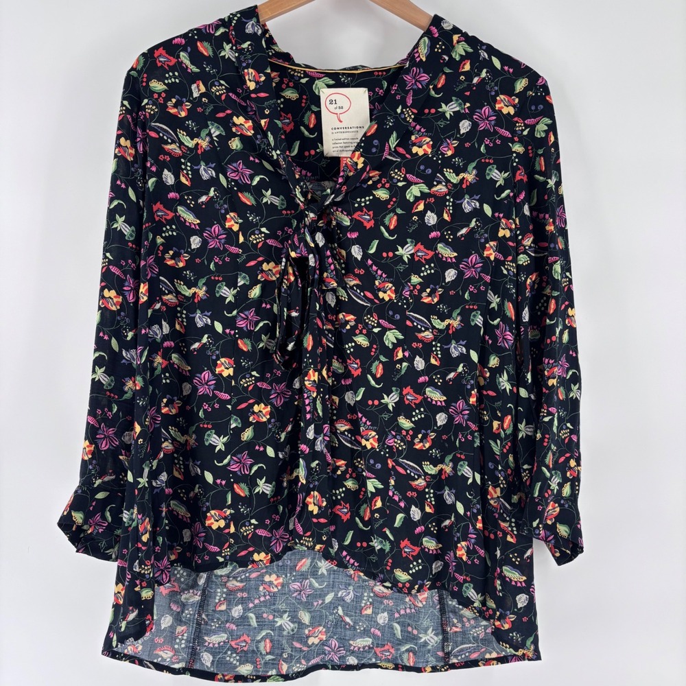 Anthropologie Conversations Blouse Womens 8 Black Floral Tie Neck High Low Rayon